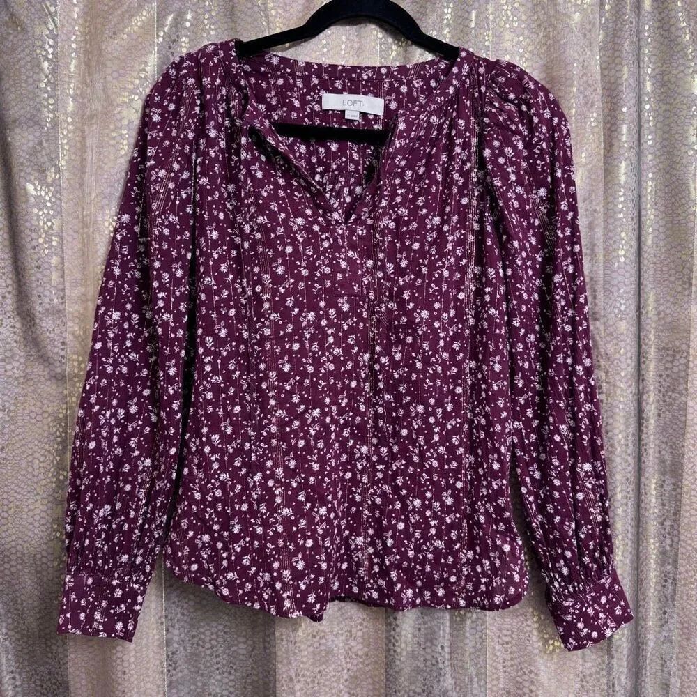 LOFT Burgundy Maroon Floral Metallic Gold Stripe Peasant Style Top XS